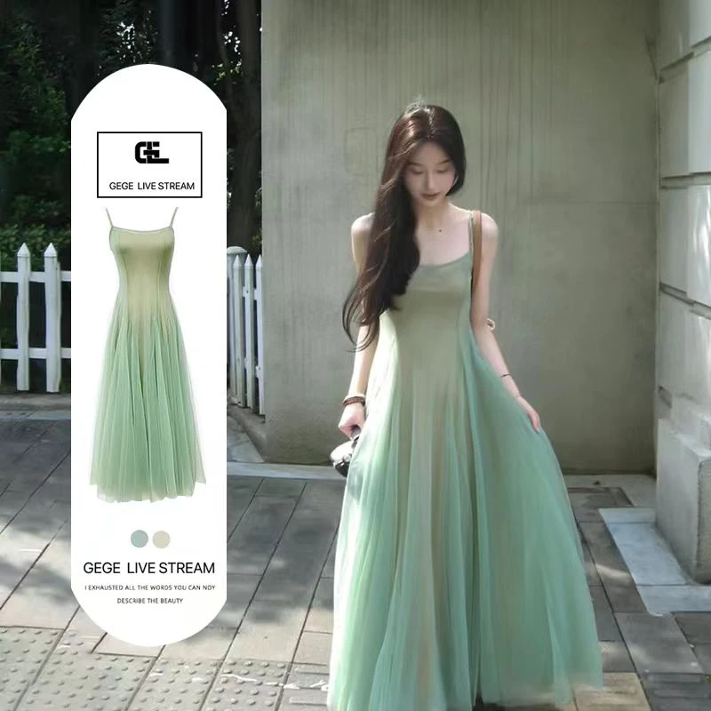 2025夏艺术生绿色网纱法式绝美吊带连衣裙女仙女裙气质长裙女