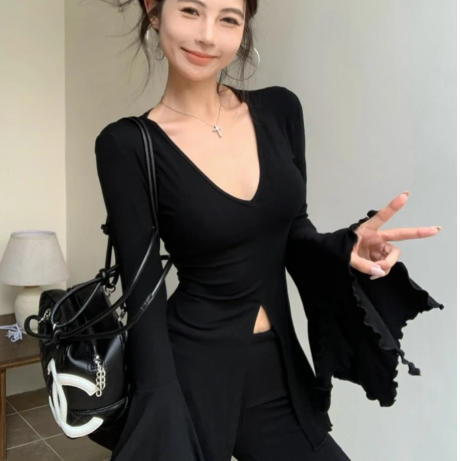 美式辣妹黑色V领长袖T恤女装早秋新款修身收腰开衫上衣
