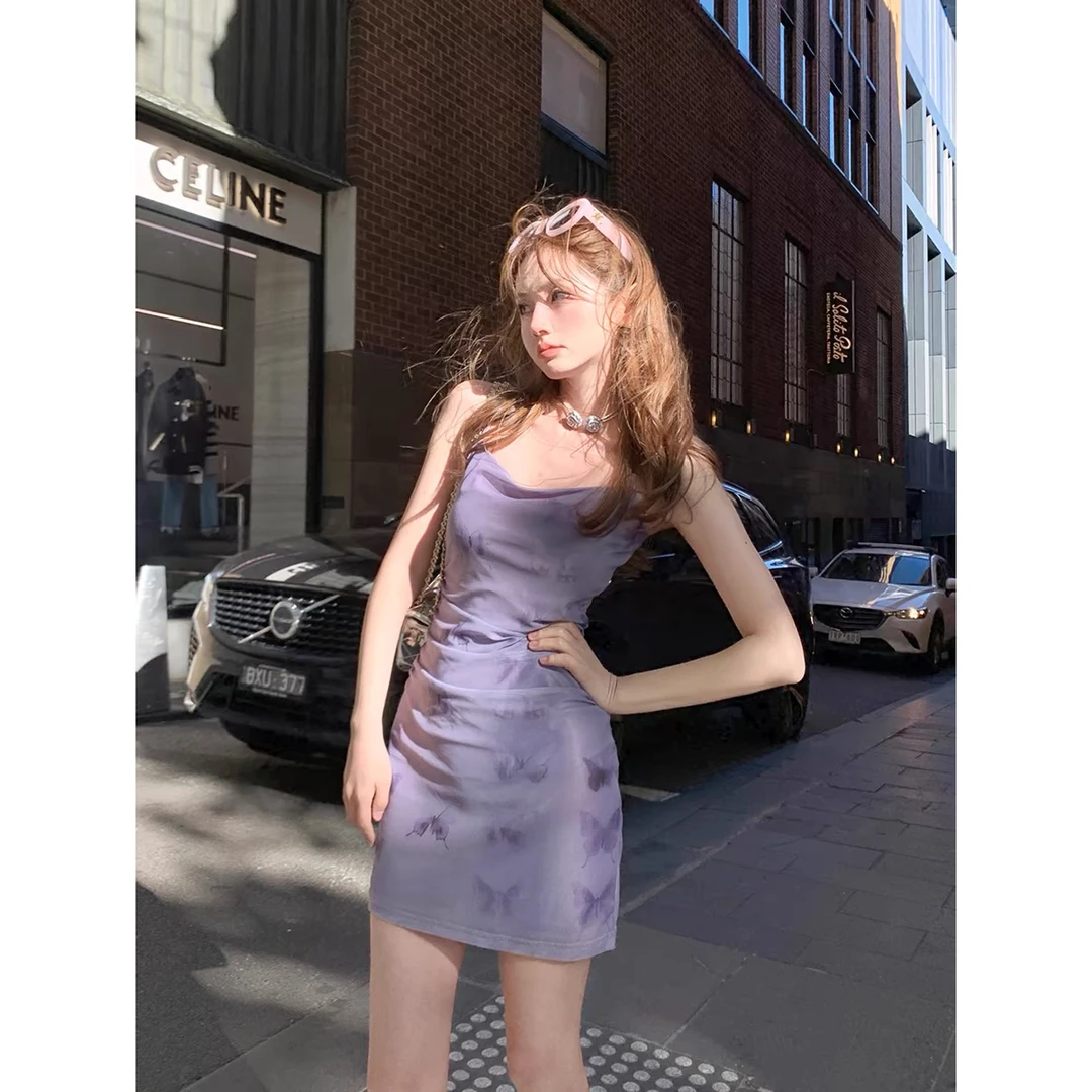 梦境蝴蝶弹力网纱女蝴蝶印花修身性感设计吊带连衣裙女大码显瘦