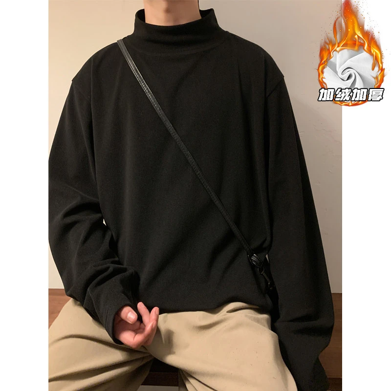 秋冬德绒半高领打底衫男秋季双面加厚保暖衣纯色内搭重磅长袖T恤