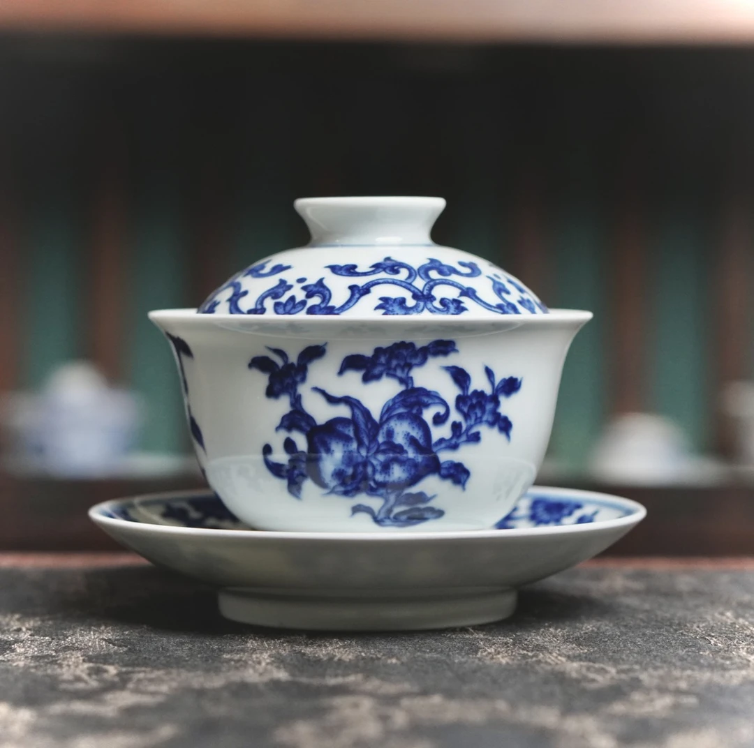 【知愚柴窑】景德镇陶瓷手工手绘青花柴窑大号三多三才盖碗主泡器