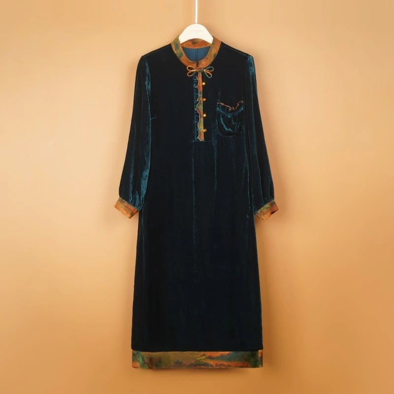 SR2286027 民族风手工盘扣真丝绒连衣裙女新款洋气裙装