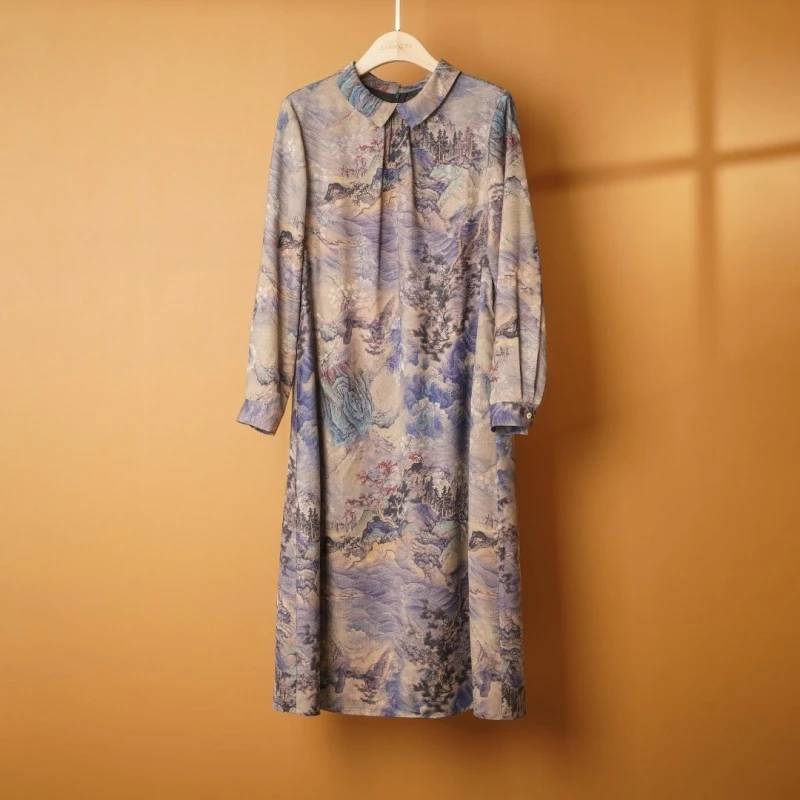 丝意阁原创【水墨山水间 】新中式连衣裙国风复古提花女装裙D1100