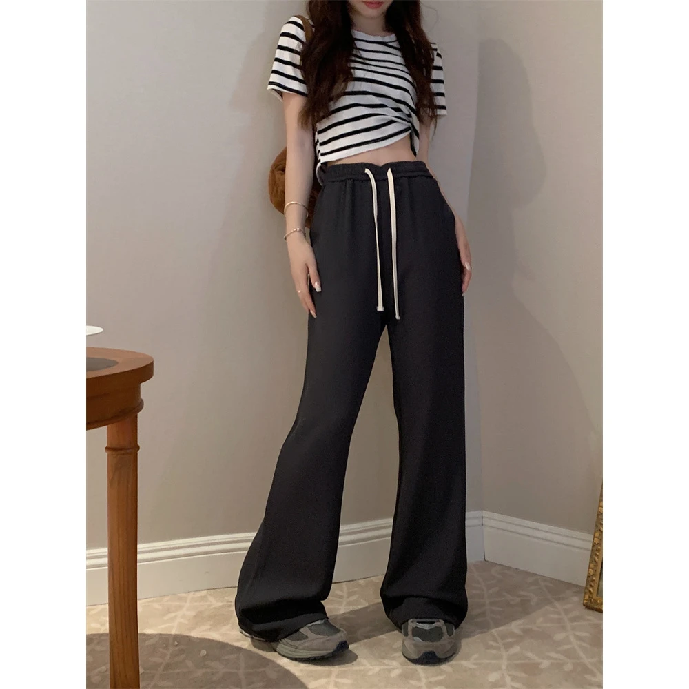 大码西装休闲裤女夏季宽松直筒微喇抽绳长裤胖MM显瘦喇叭拖地裤子