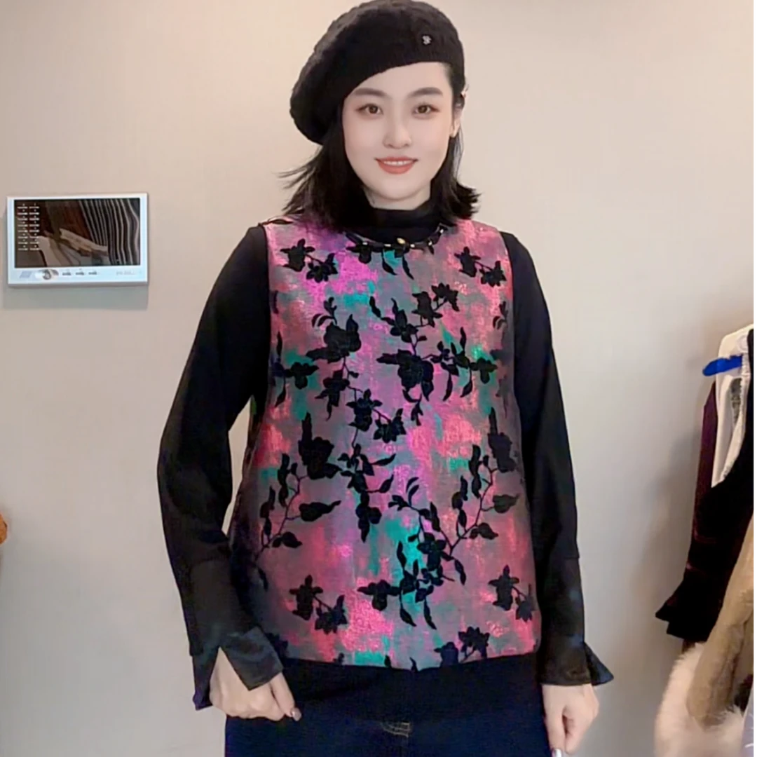 FF 3730｛花•影｝新中式人丝织锦植绒工艺宽松时尚夹棉国风厚马甲