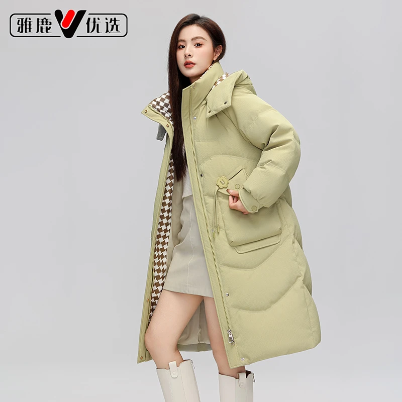 白鸭绒中长款羽绒服时尚连帽东西加厚宽松过膝休闲女士冬季保暖--