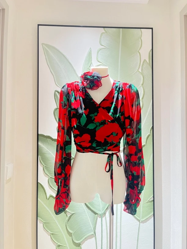 V领一片式绑带复古玫瑰印花雪纺衬衫