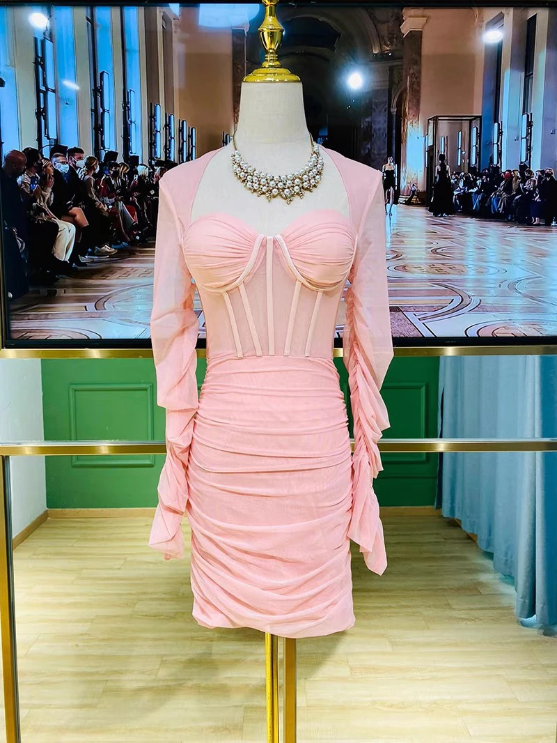 纯欲风网纱鱼骨褶皱设计感辣妹连衣裙收腰修身短款包臀裙子礼服裙