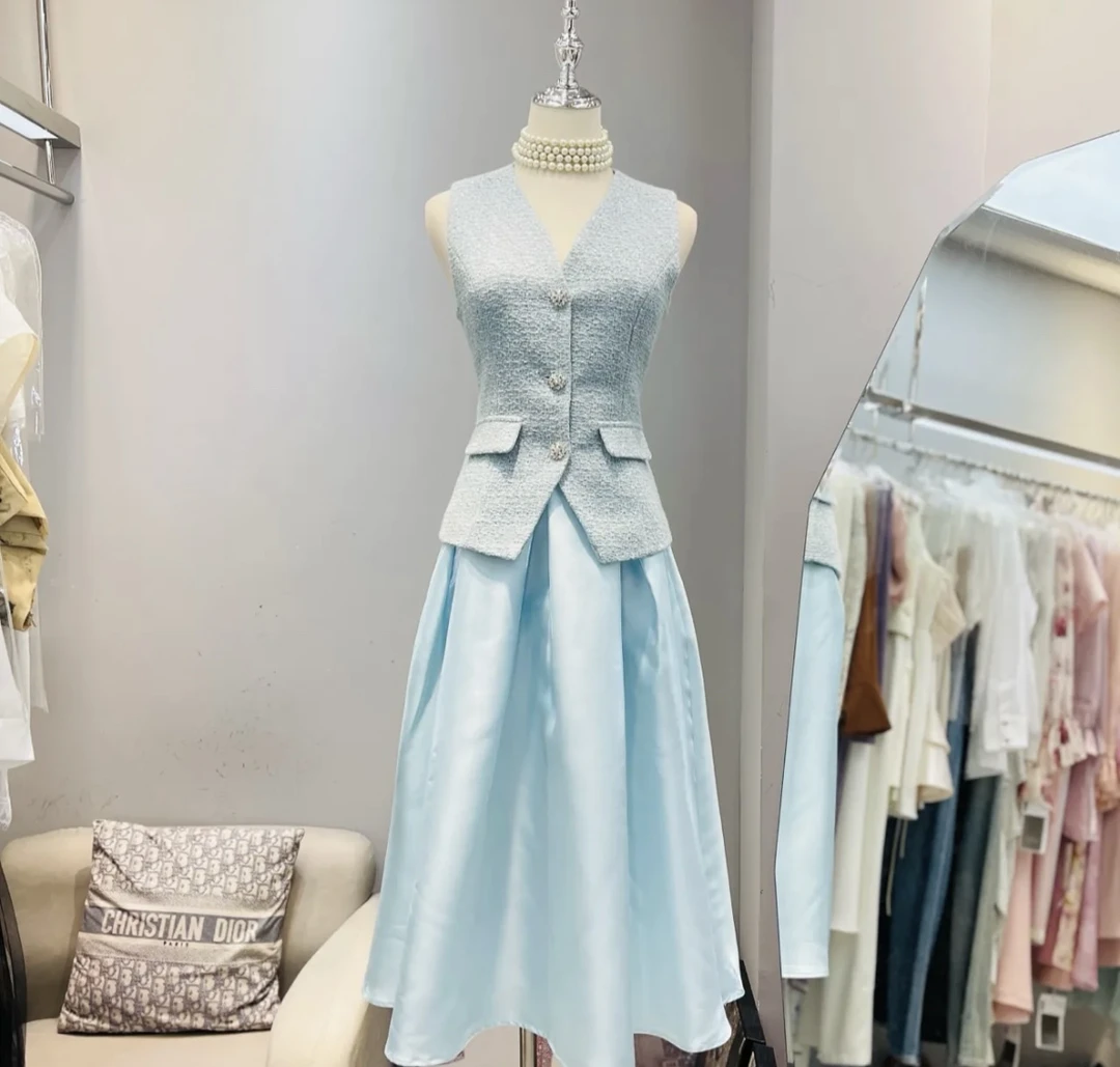 气质蓝色小香风套装裙子粗花呢无袖马甲背心加高腰半身长裙套装