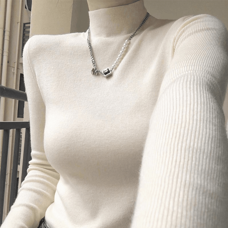 为柔 女士冬针织衫加绒套头高领厚毛衣网红款赵露思同款小个子白色显瘦