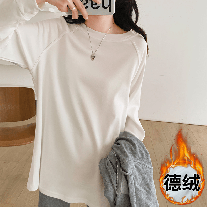 加绒白色打底衫女2023春秋新款德绒中长款内搭长袖T恤插肩袖上衣