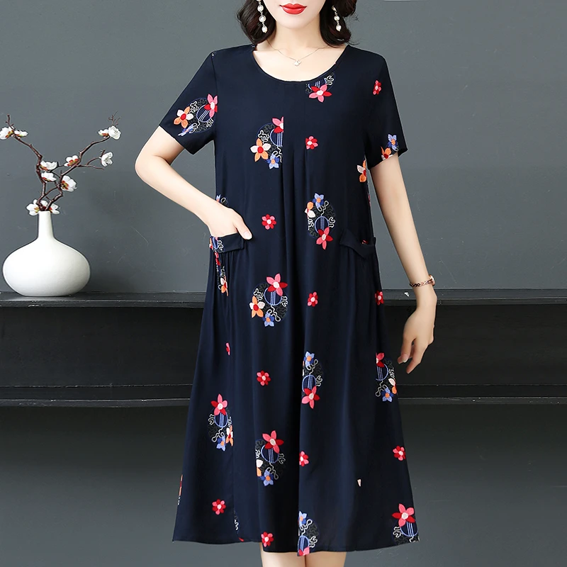 中老年人夏200斤棉绸连衣裙胖妈妈装宽松大码遮肚显瘦洋气中长裙