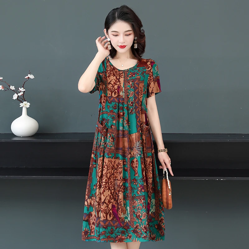 中老年女装大码棉绸连衣裙女40-50岁中年妈妈装洋气夏季碎花长裙
