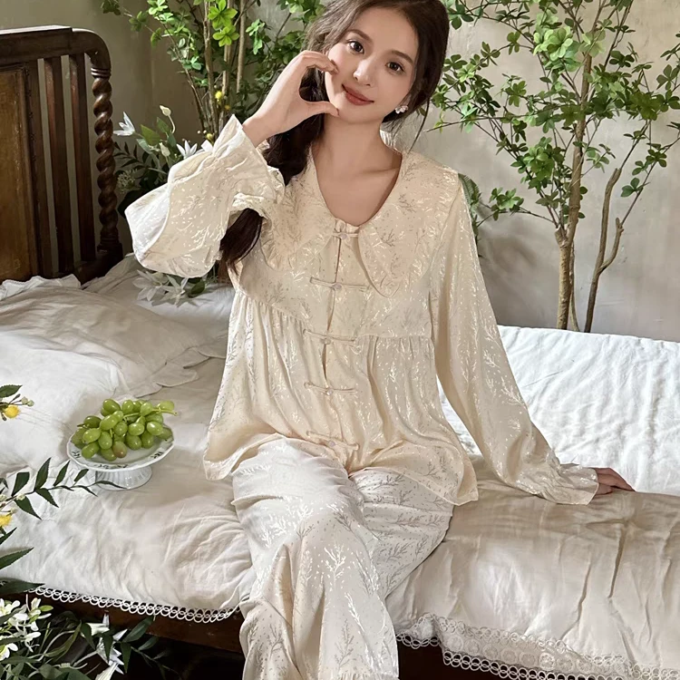 新中式冰丝睡衣女2024新款春秋季高级感国风盘扣长袖HTT家居服