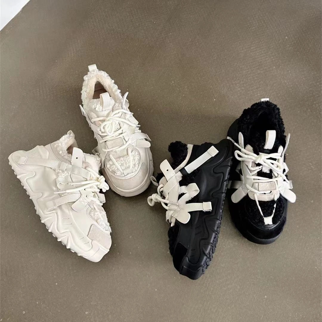 Apr.2023新款时尚冬季加绒老爹鞋女炸街百搭真皮增高厚底休闲鞋