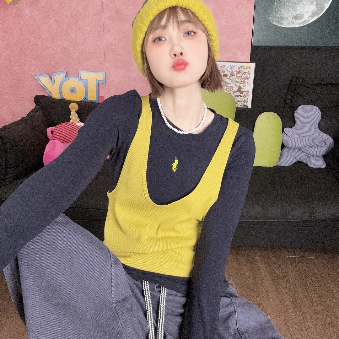 Apr.【黄蓝配】真两件叠穿显瘦百搭厚款圆领撞色打底T恤女24A8006