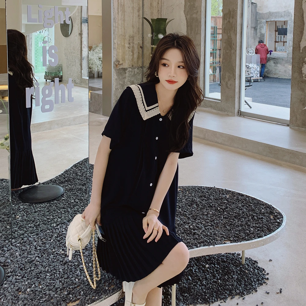 娃娃领甜美连衣裙女黑色夏季新款韩系学院风小香风休闲小个子初恋