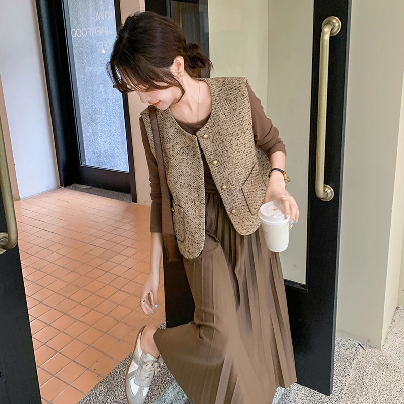 小香风马甲洋气连衣裙套装女2024年秋季新款时尚纯色百褶裙两件套