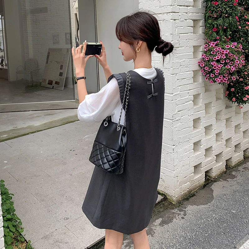 韩版时尚背带连衣裙套装女2025夏季V领泡泡袖上衣两件套宽松显瘦