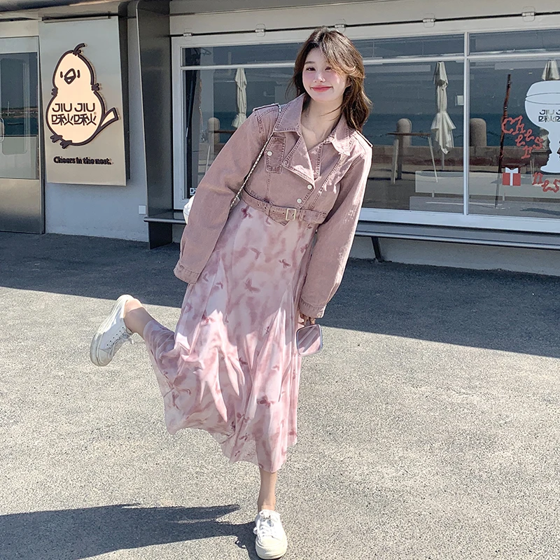 粉色温柔时尚套装女2024秋季新款洋气法式马甲牛仔碎花裙两件套