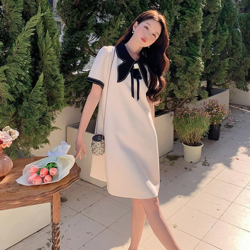 休闲风裙子娃娃领连衣裙夏季气质韩版夏装小个子设计感中长裙