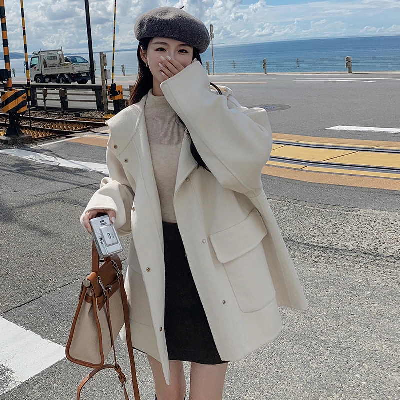 韩系连帽百搭高级感外套女2024冬季新款宽松休闲中长款毛呢上衣