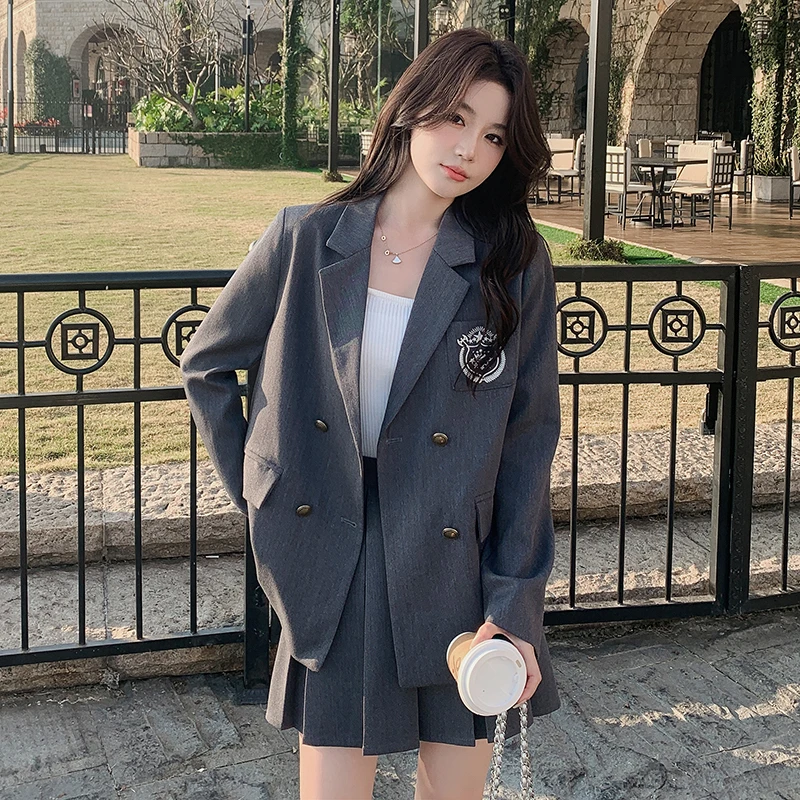 2024秋季灰色学院风制服女新款韩系减龄小西装外套百褶裙两件套