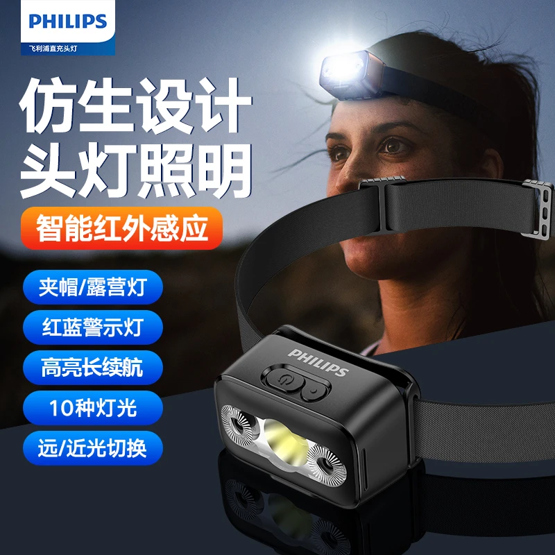 Philips/飞利浦感应头灯强光超亮超长续航夜钓灯头戴式帽夹工作灯