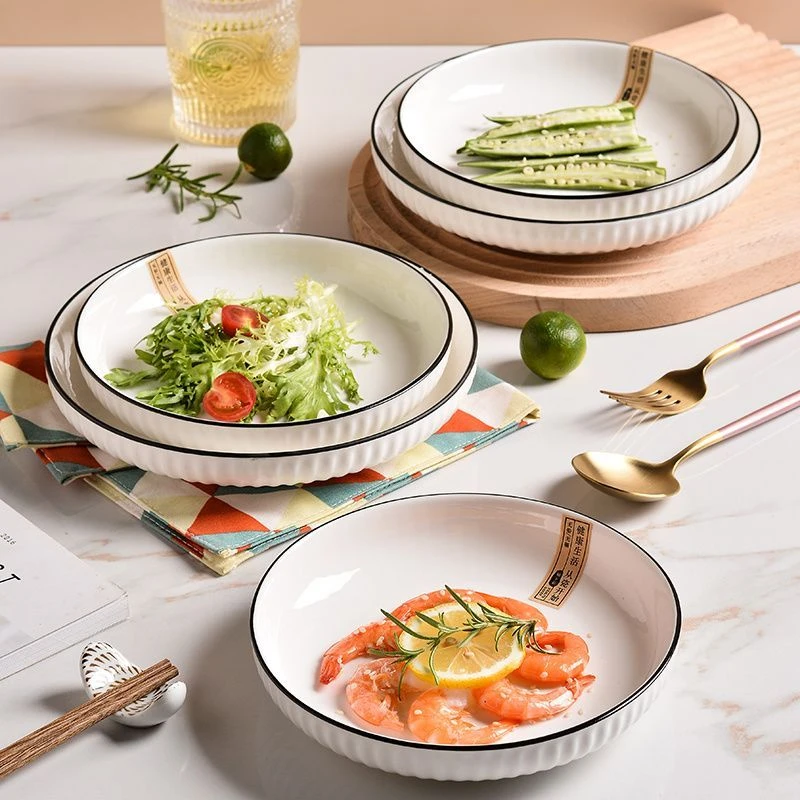 竖纹白菜盘推荐2/4/6只装 陶瓷盘子家用汤盘菜碟餐盘装菜盘可微波