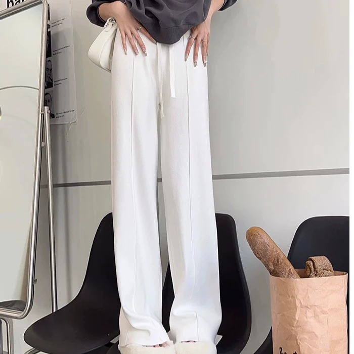慵懒松弛感软糯抽绳针织裤子女秋冬高腰垂感直筒休闲拖地阔腿长裤