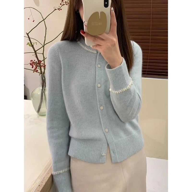 新款百搭重工钉珠圆领针织开衫外套女韩系减龄奶蓝色毛衣长袖针织