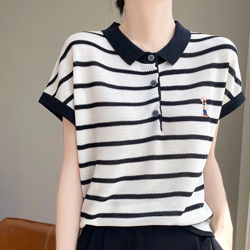 【80-180斤】条纹翻领刺绣冰丝短袖T恤女宽松显瘦气质百搭针织上衣