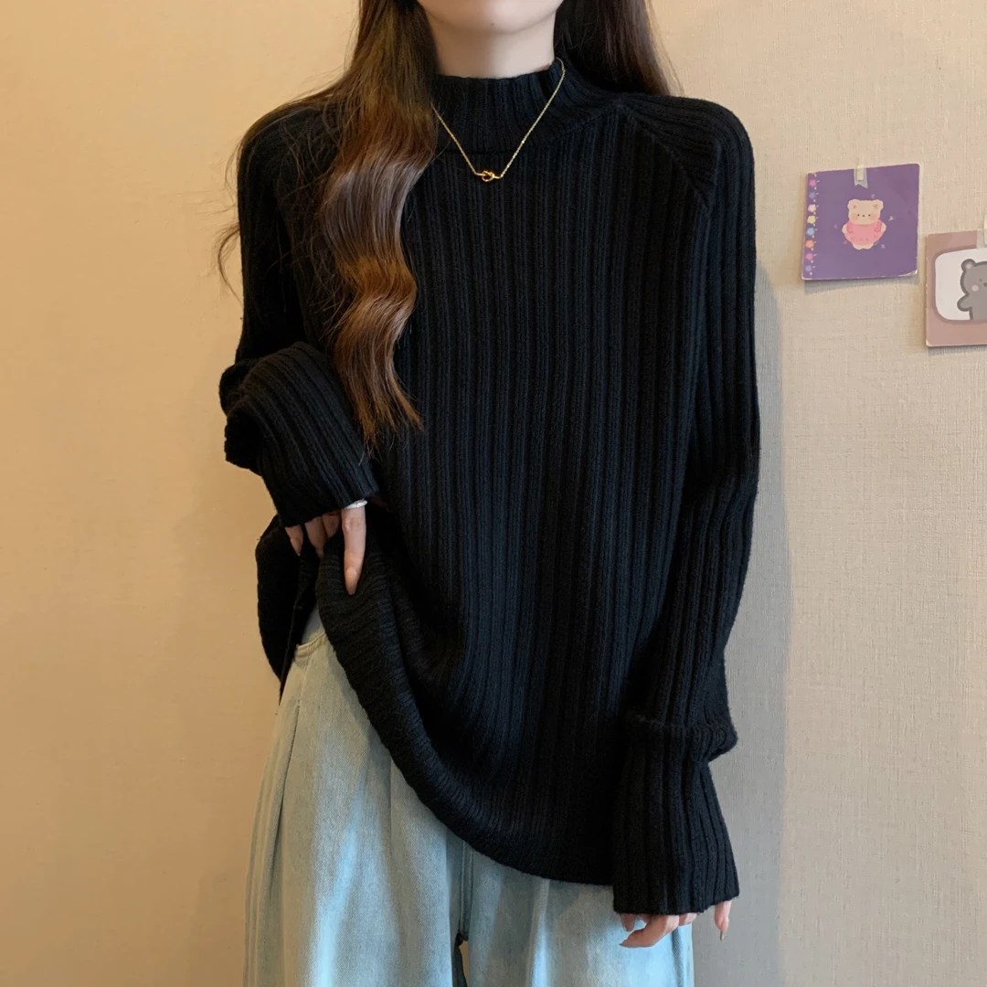 【80-180斤】半高领坑条毛衣女秋冬宽松显瘦胖MM遮肚纯色打底衫上衣