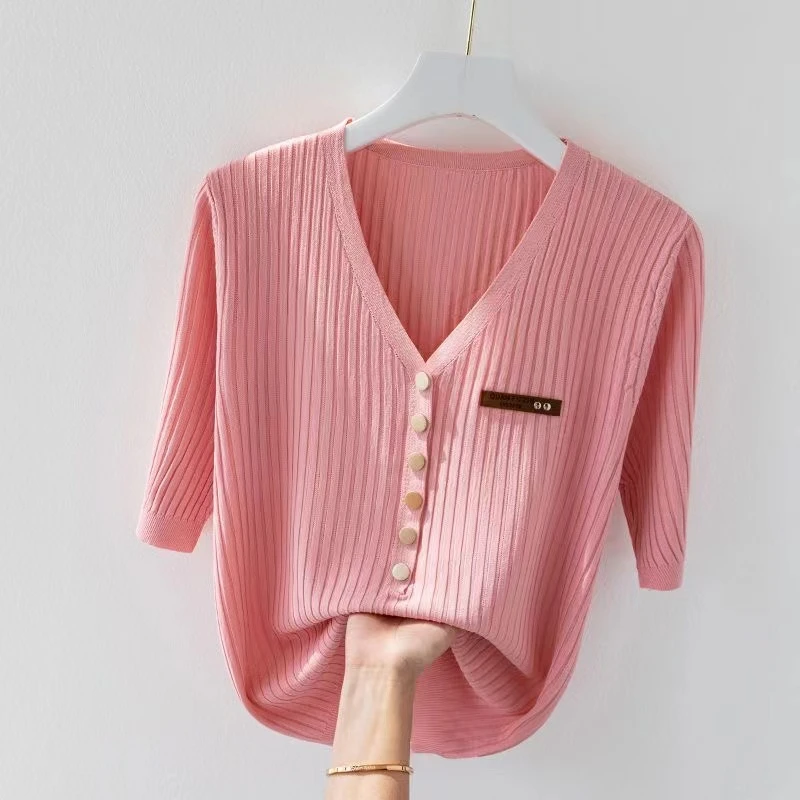 【80-180斤】v领冰丝短袖T恤女夏季新款气质宽松针织上衣针织衫潮