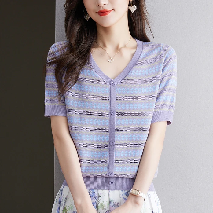 【80-180斤】V领条纹镂空冰丝短袖T恤女夏季宽松显瘦提花针织上衣潮