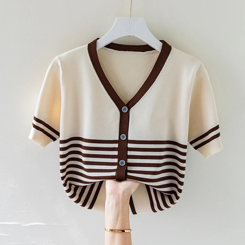 【80-180斤】V领套头冰丝条纹短袖女夏季撞色薄款宽松T恤上衣针织衫