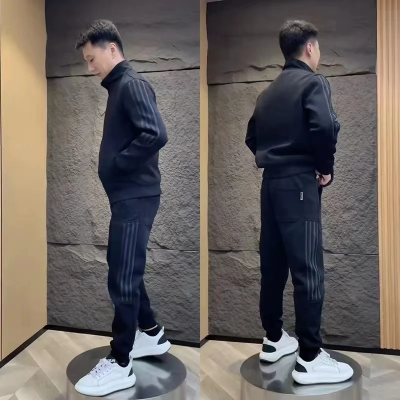 【现货】24666男立领简约休闲运动套装外套裤子两件套拼接潮流百搭