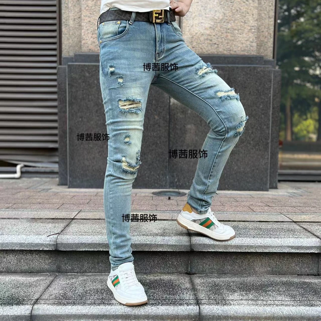 秋冬轻奢破洞浅蓝色男装修身小脚牛仔裤时尚韩版百搭弹力显瘦长裤