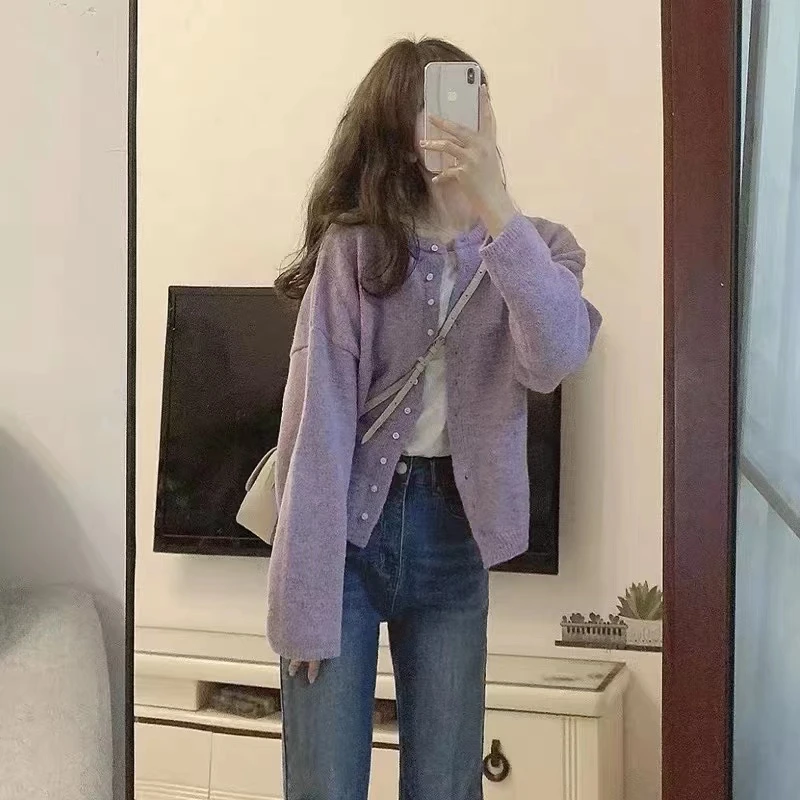 香芋紫!韩版易梦玲同款上衣开衫女宽松慵懒风毛衣外套潮300百搭