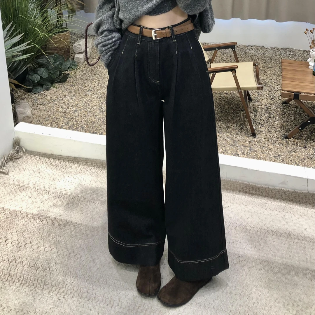 法式复古明线阔腿时尚牛仔裤宽松显瘦休闲百搭直筒裤时尚女