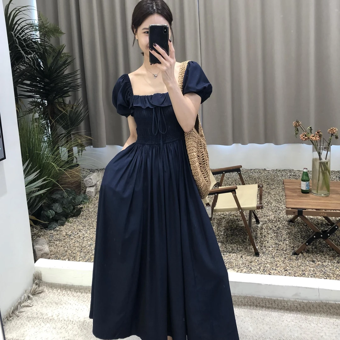 法式复古风藏蓝色方领短袖连衣裙女春夏时尚荷叶边气质修身长裙子