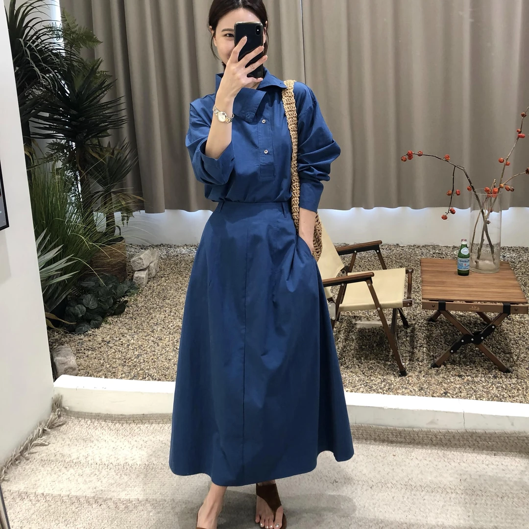 法式极简高级感气质斜角翻领衬衫+高腰2024长裙套装2024秋季新款