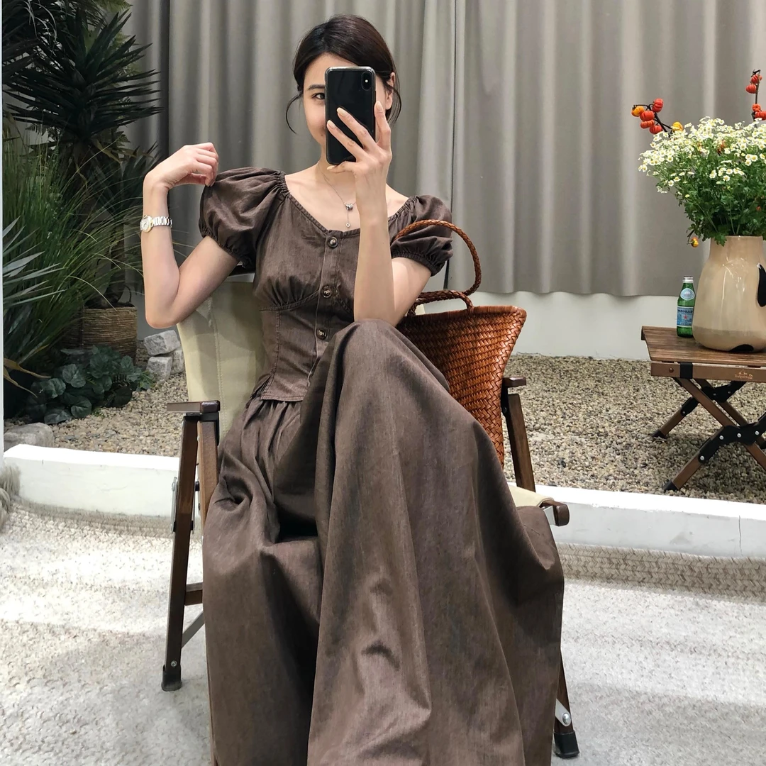 法式复古摩卡棕色柔软薄款牛仔棉套装裙上衣半身裙套装女