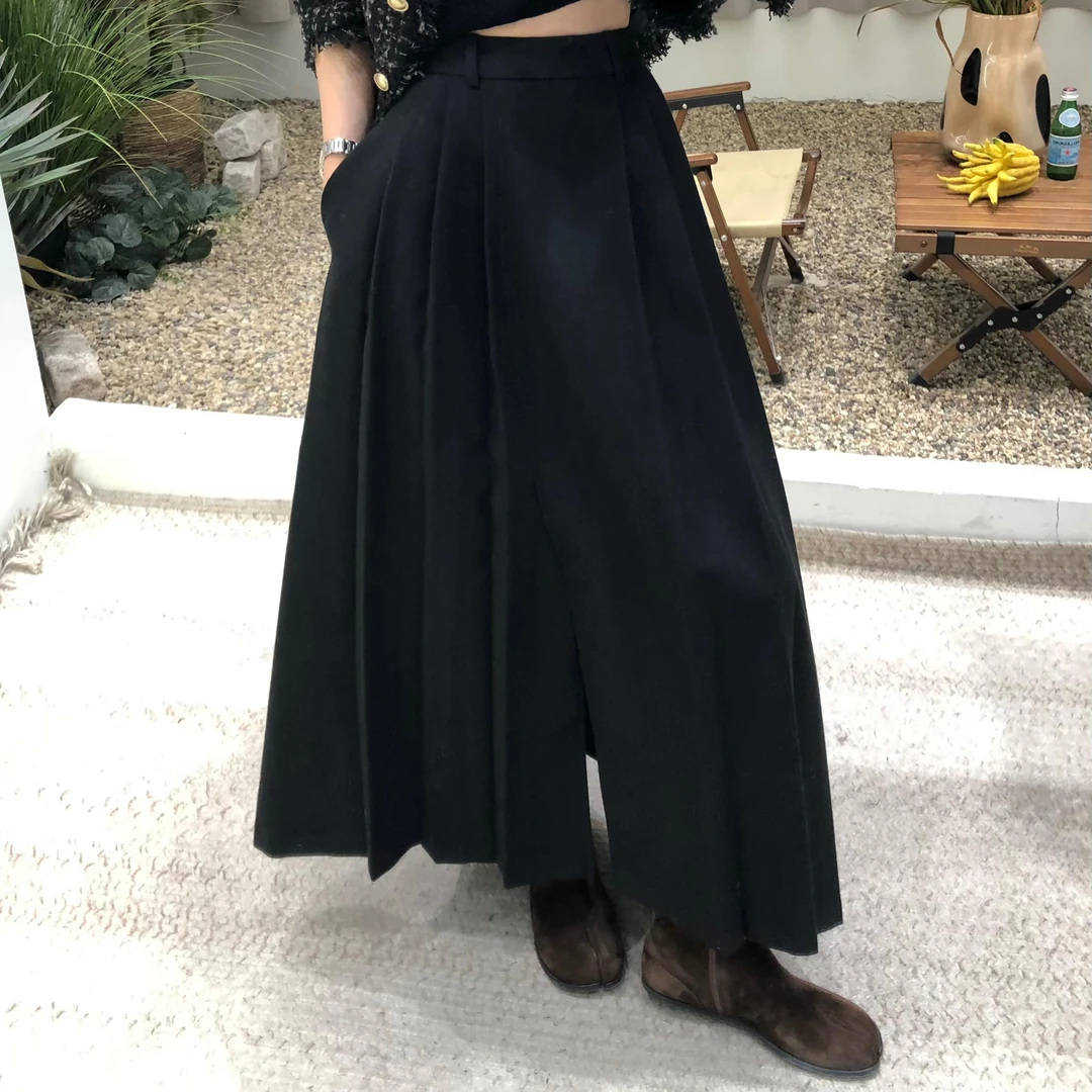 法式复古新款大牌时尚气质毛呢中长款百褶长裙百搭显瘦休闲裙女