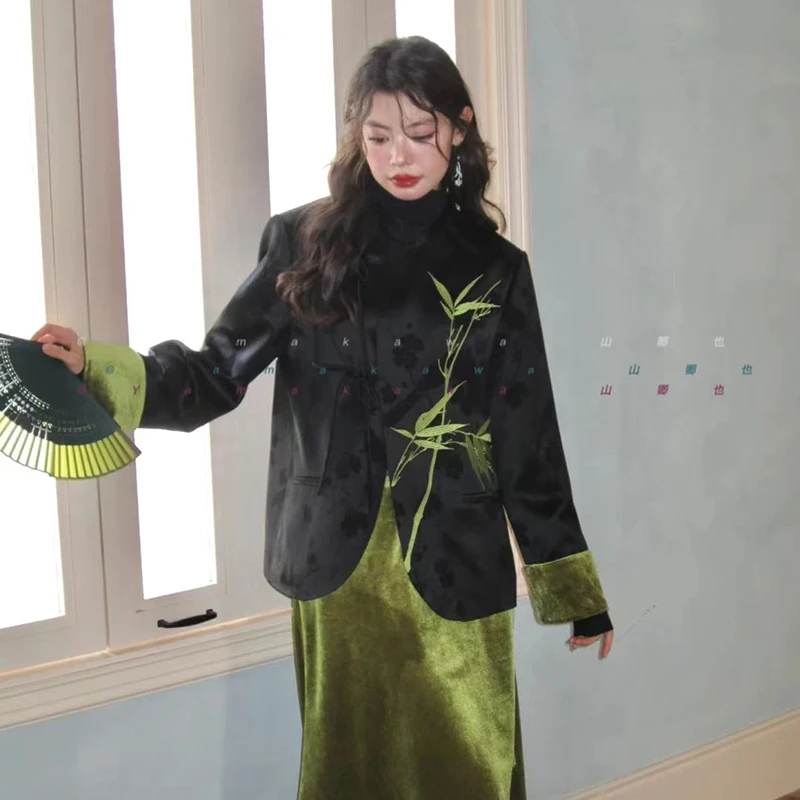 新中式墨与竹刺绣外套女2024秋冬国风小西装立领盘扣醋酸气质上衣