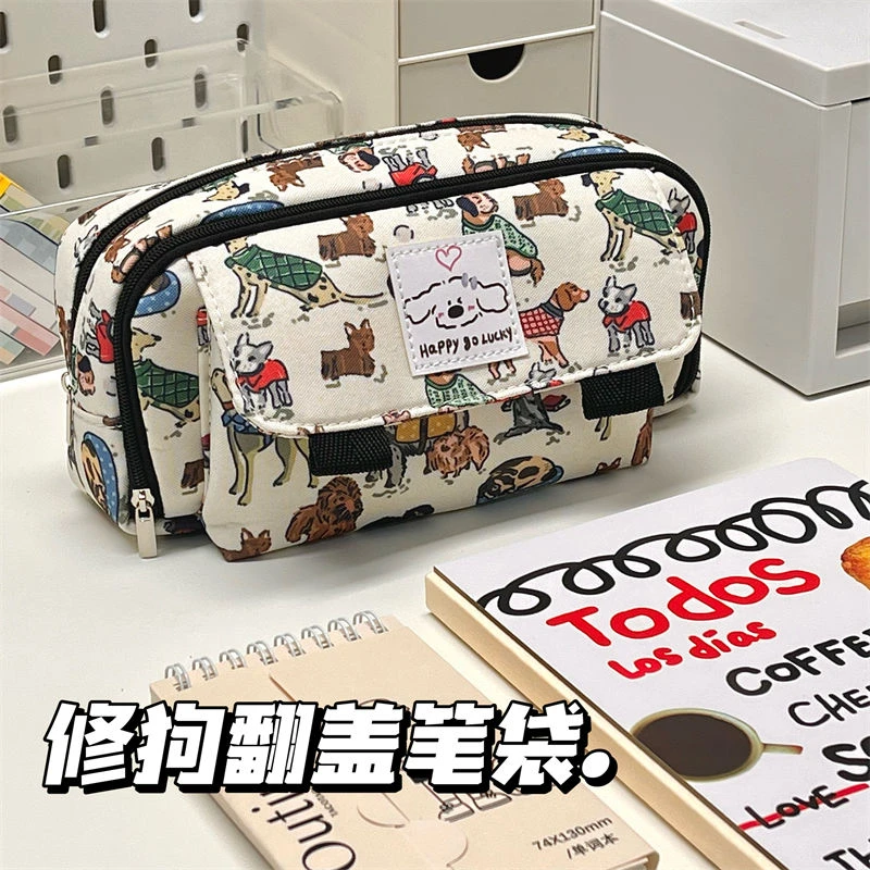 新款复古修狗翻盖笔袋可爱ins大容量学生文具收纳袋卡通文具盒