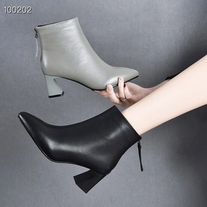 春秋冬瘦瘦靴气质时尚百搭马蹄跟短靴尖头裸靴头层牛皮单靴时装靴