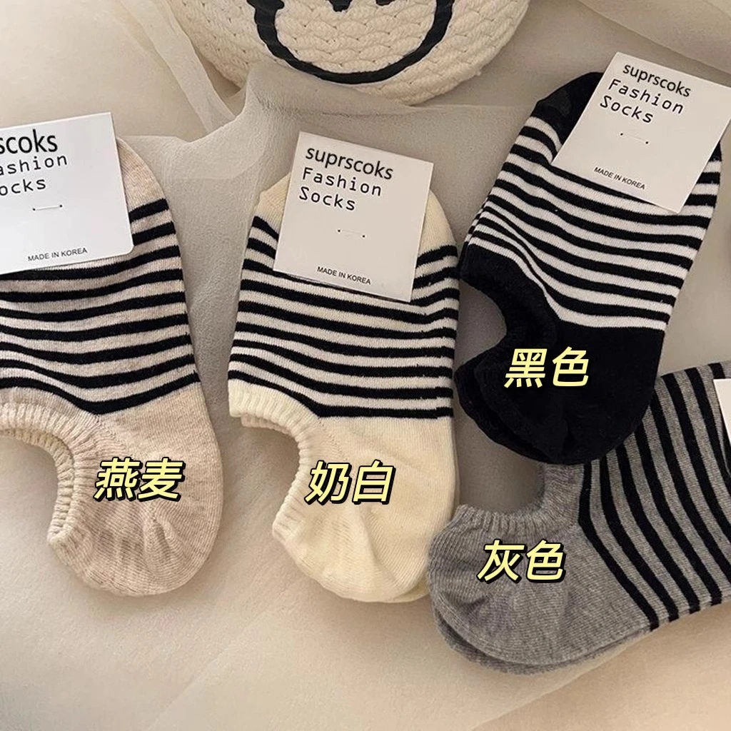 韩国东大门条纹纯棉船袜女硅胶防滑不掉跟夏天薄款袜子女隐形短袜
