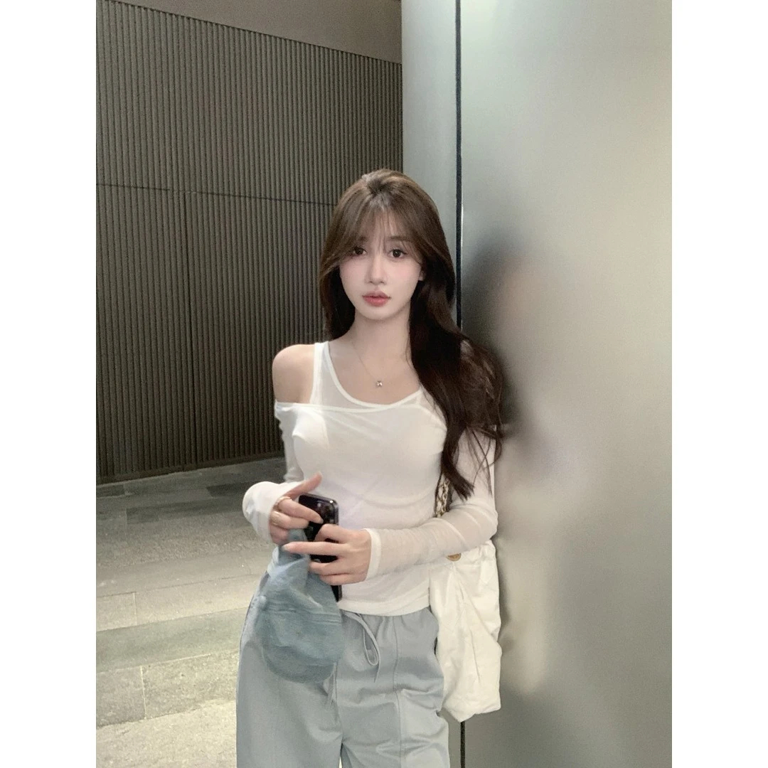 【今岁甜酒】时尚修身针织假两件长袖设计感T恤百搭收腰上衣81229