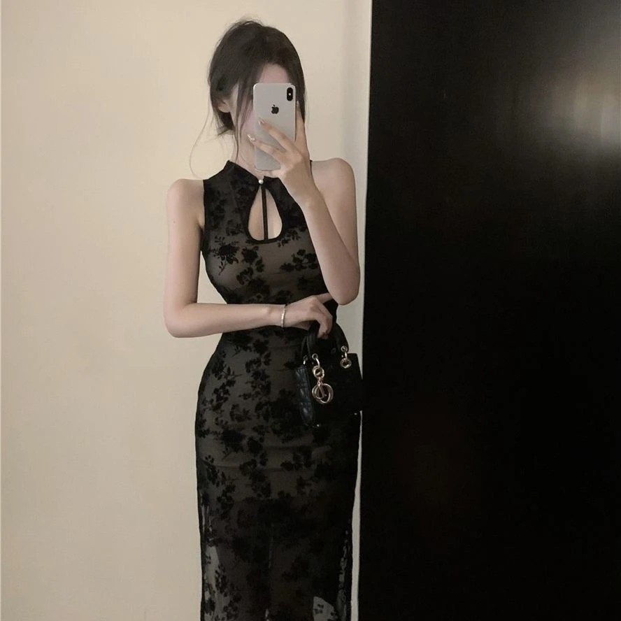 新中式黑色镂空无袖连衣裙女夏季改良旗袍性感紧身包臀开叉长裙子
